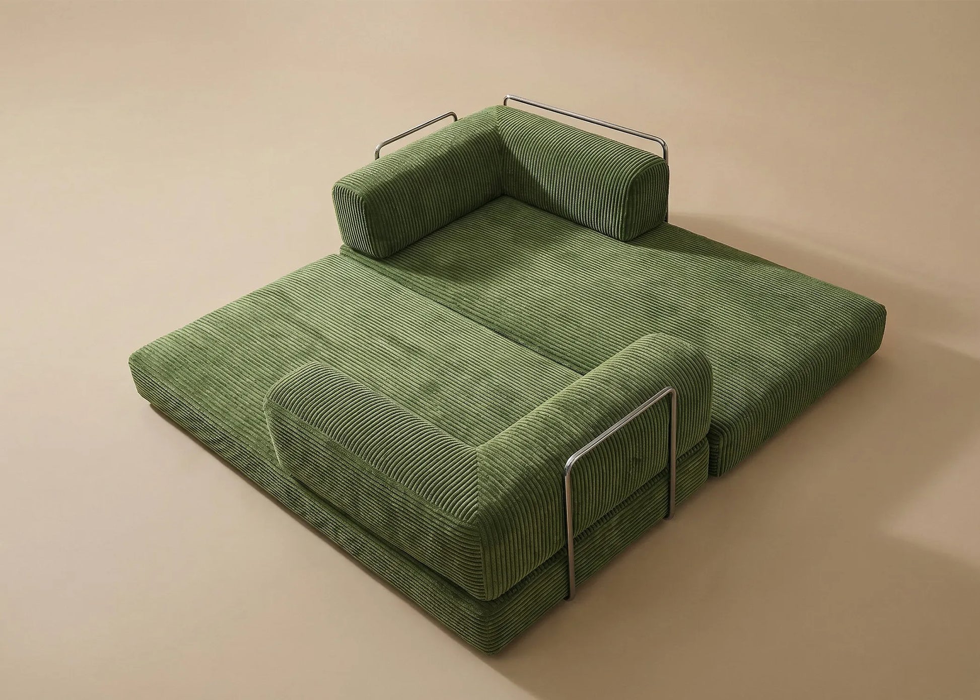 Sofá cama Taburiente en tono verde, diseño contemporáneo sin estructura, ideal para espacios versátiles y confortables