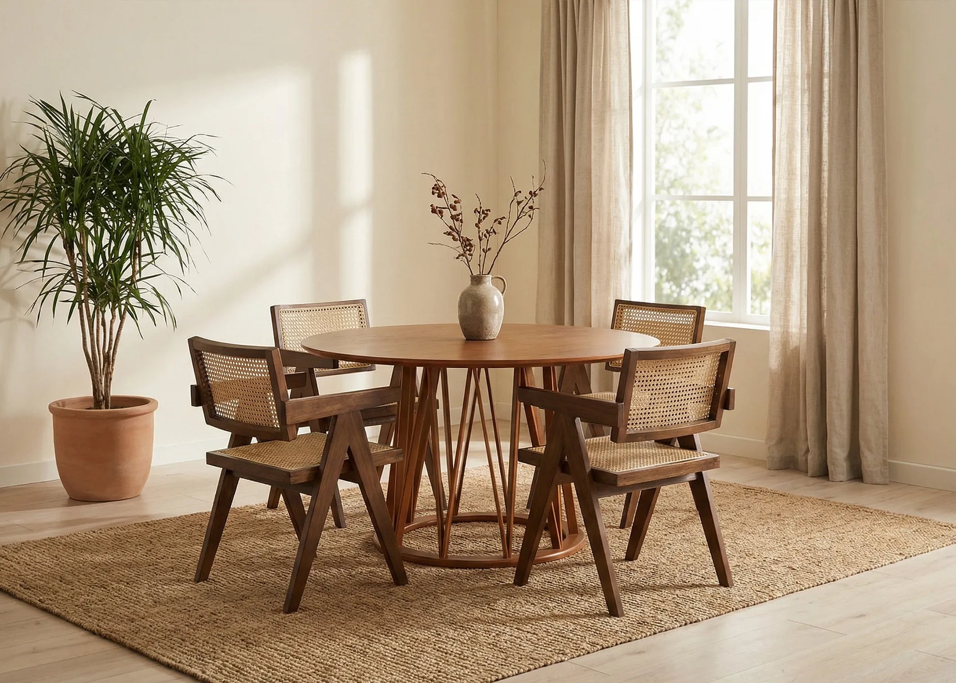 Conjunto de comedor con sillas Retama de diseño nórdico, estructura geométrica y materiales naturales en ambiente luminoso.