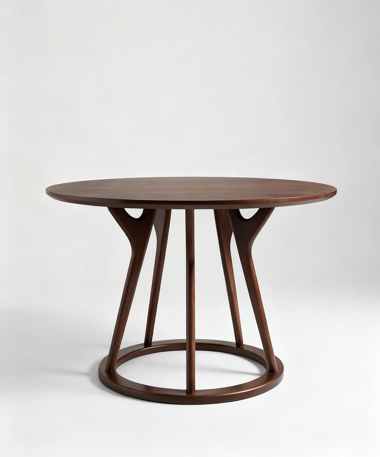 Mesa Vegueta redonda en madera de fresno con acabado nogal oscuro y diseño contemporáneo elegante y resistente.