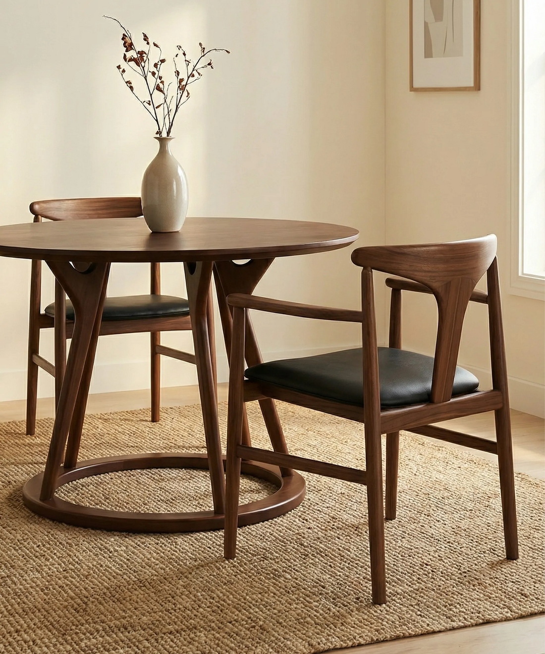 Mesa Vegueta redonda de madera nogal oscuro con diseño contemporáneo, ideal para comedor luminoso y acogedor.