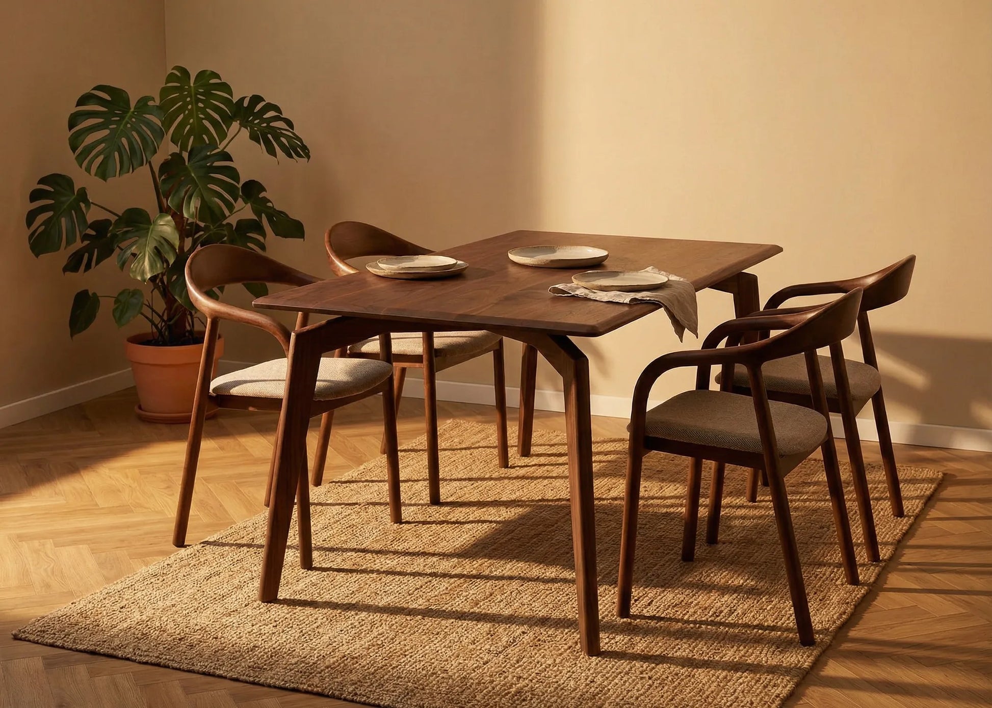 Mesa Tirajana de comedor en madera de fresno nogal oscuro con diseño elegante en salón luminoso y acogedor.