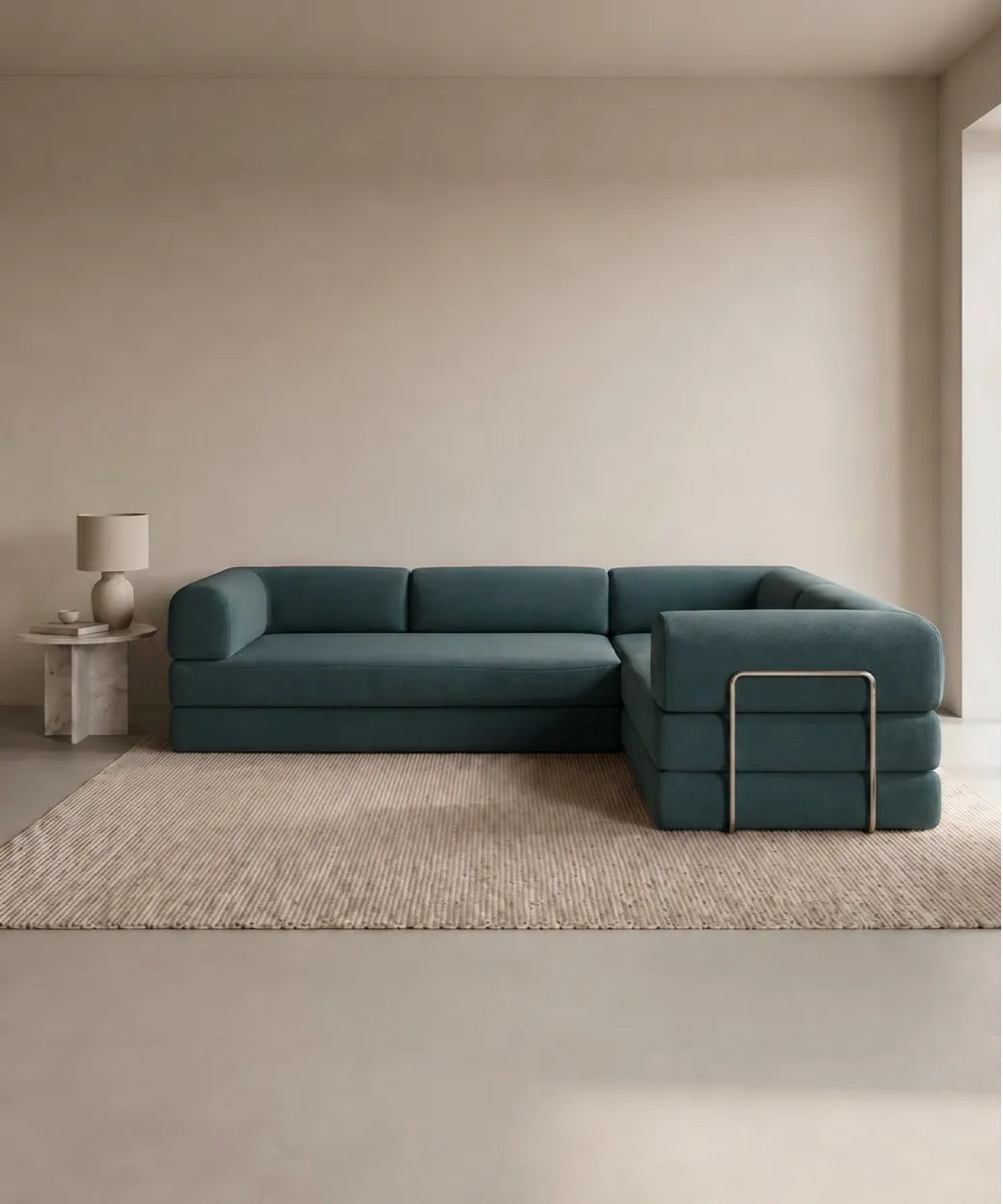 Taburiente Chaise Longue (300x180cm) en azul petróleo con diseño moderno y estructura metálica para sofás en Canarias