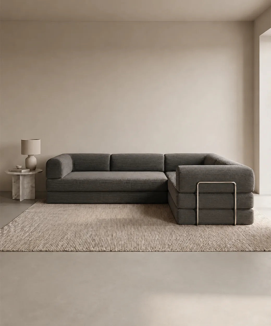 Taburiente Chaise Longue (300x180cm) en gris oscuro con tejido canalé y diseño contemporáneo para sofás en Canarias