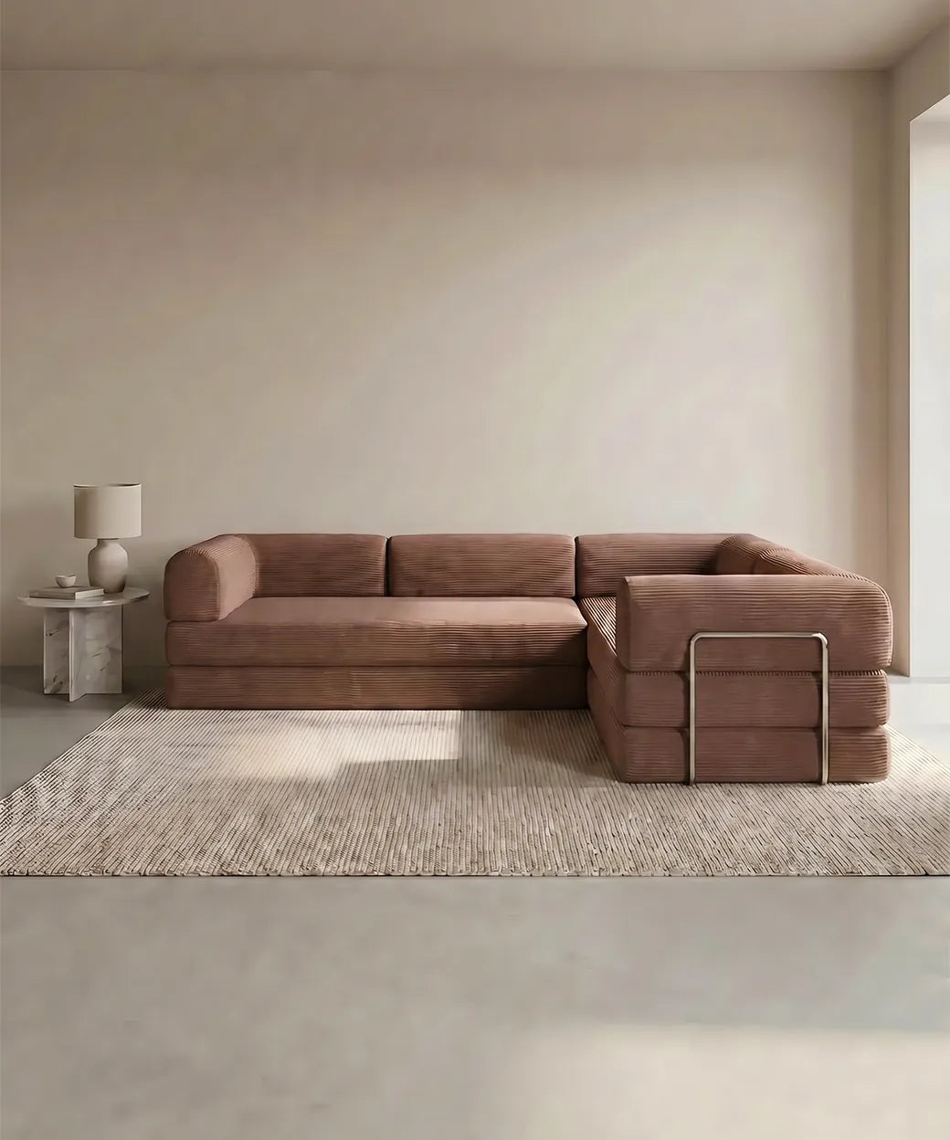 Taburiente Chaise Longue (300x180cm) en tono salmón con tejido de canalé y estructura metálica para salones modernos en Canarias