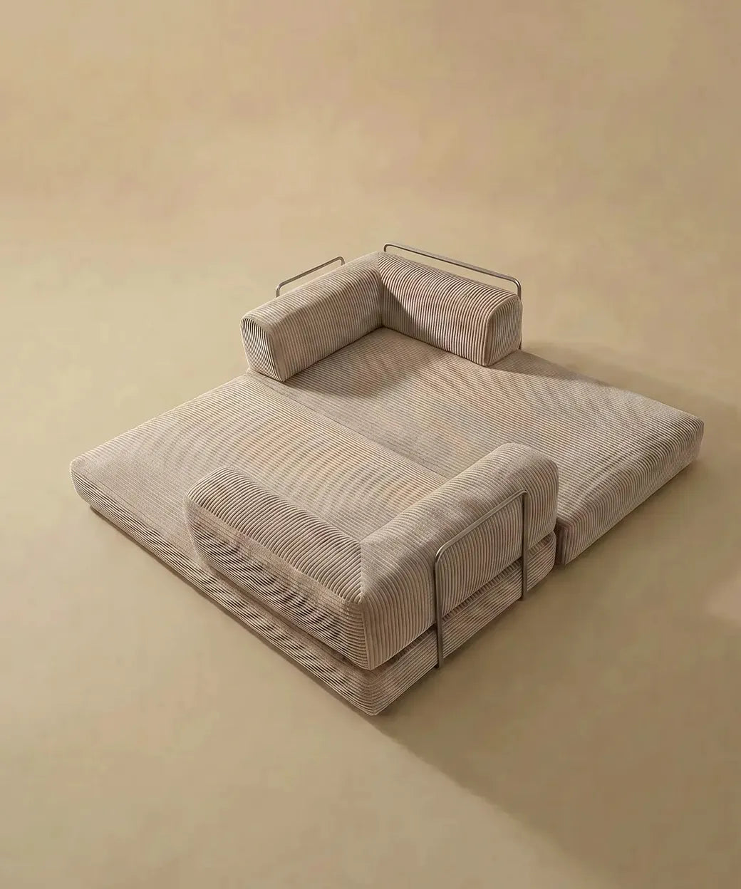 Taburiente (180 cm) con tapizado blanco roto acanalado y estructura metálica para espacios contemporáneos en Canarias