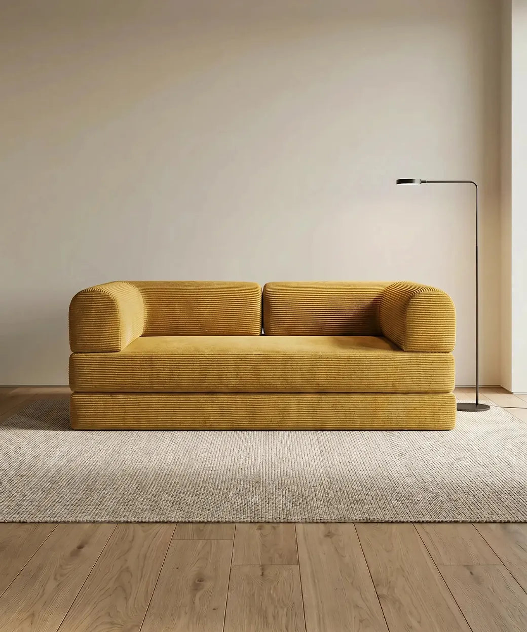 Taburiente (180 cm) en tono mostaza con tapizado acanalado y diseño contemporáneo para salón minimalista en Canarias.