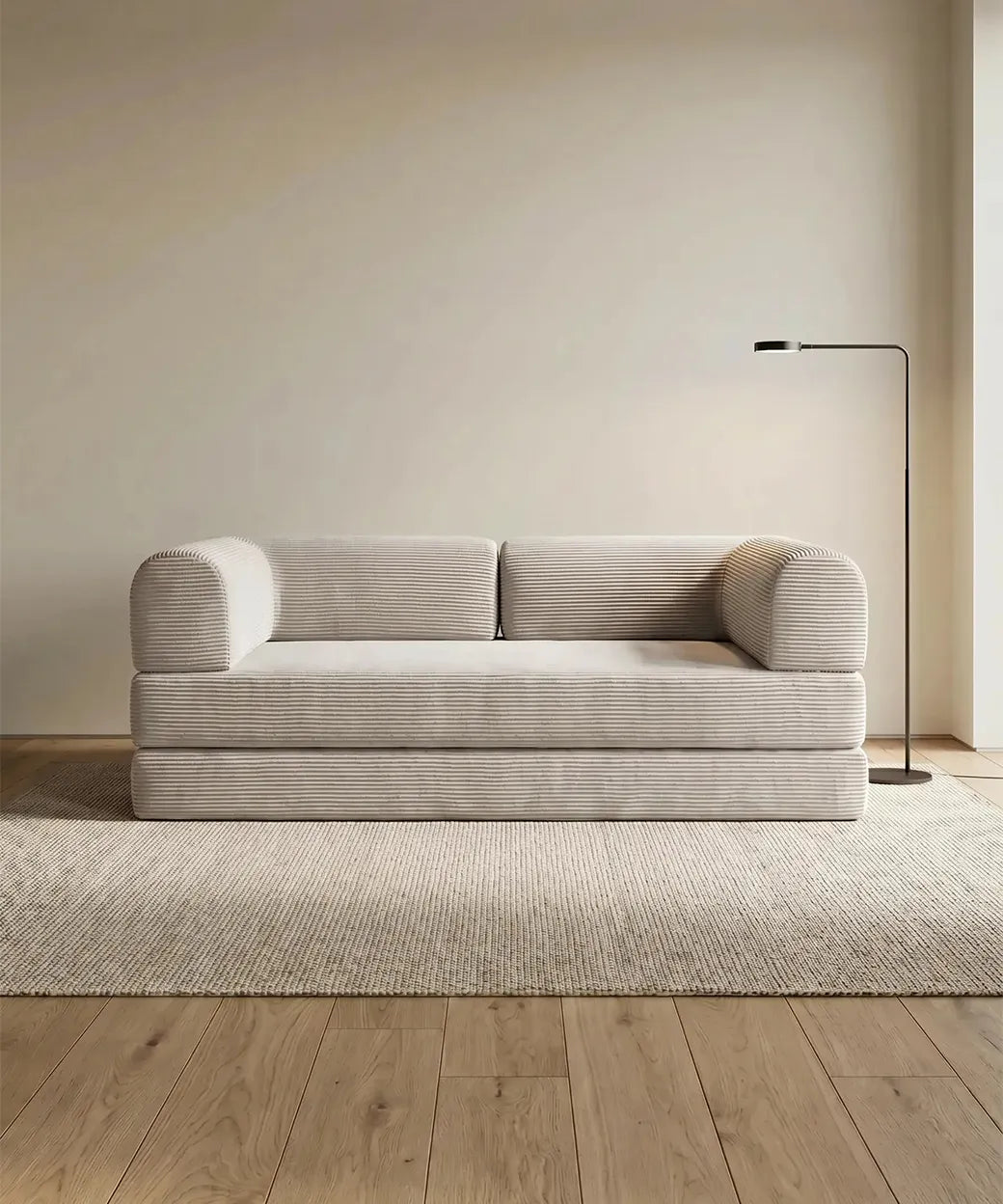Taburiente (180 cm) con tapizado en pana blanca rugosa y diseño actual para salones contemporáneos en Canarias