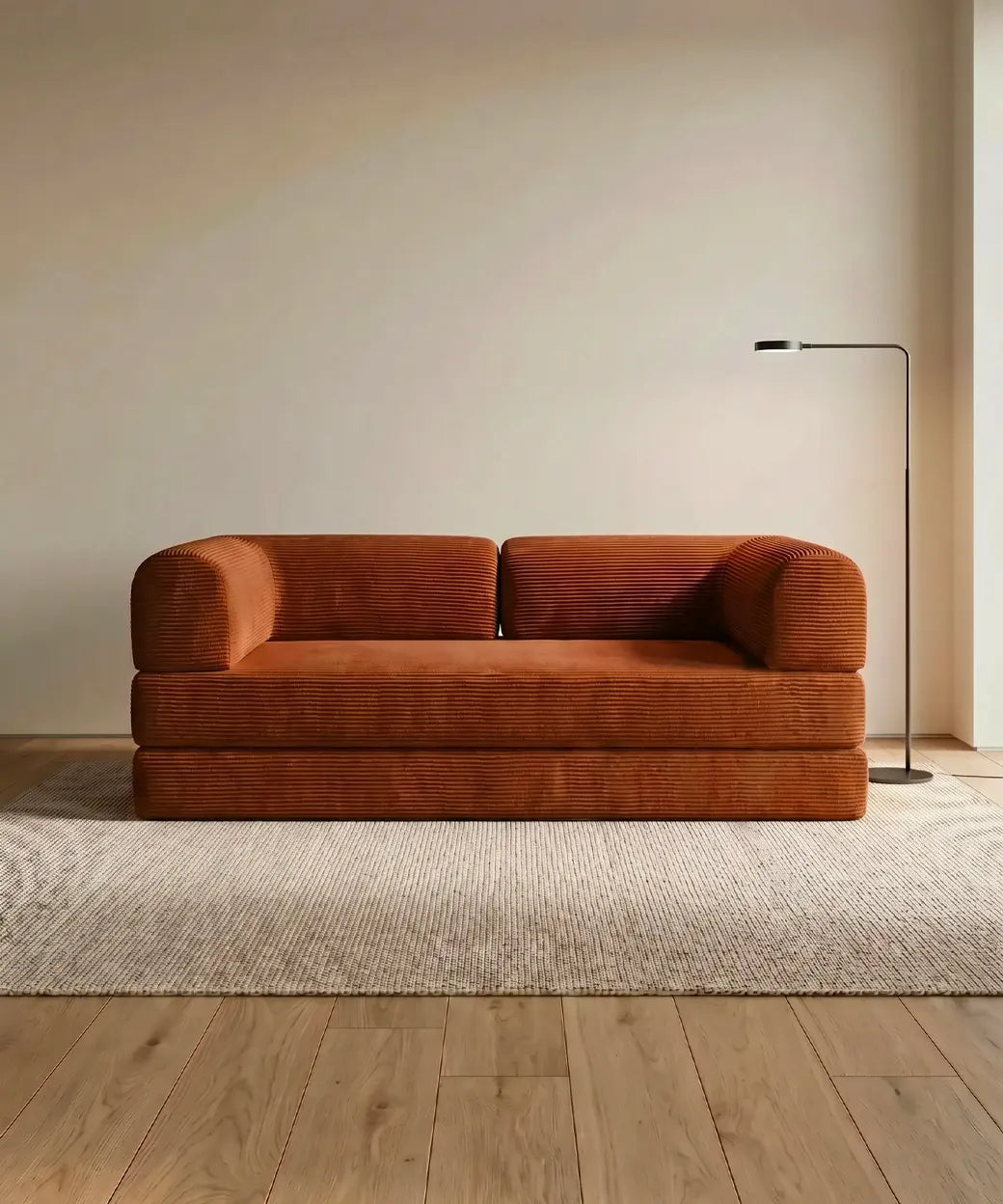 Taburiente (180 cm) con tapizado de pana gruesa terracota en diseño compacto y estilo contemporáneo en Canarias.