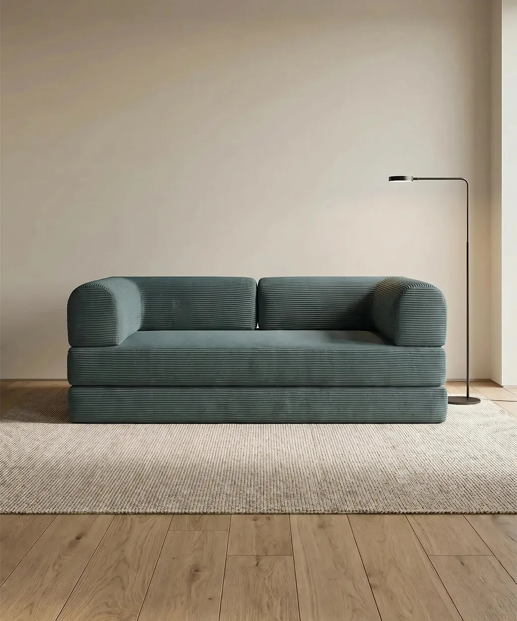 Taburiente (180 cm) en pana azul petróleo con diseño contemporáneo y tejido acanalado para salones modernos en Canarias