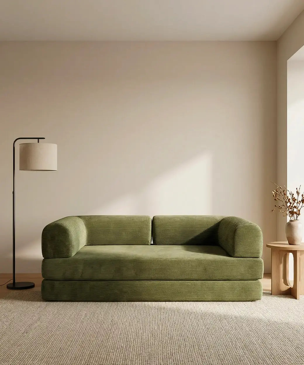 Taburiente con tapizado en verde musgo y diseño volumétrico que aporta un estilo acogedor y contemporáneo elegante
