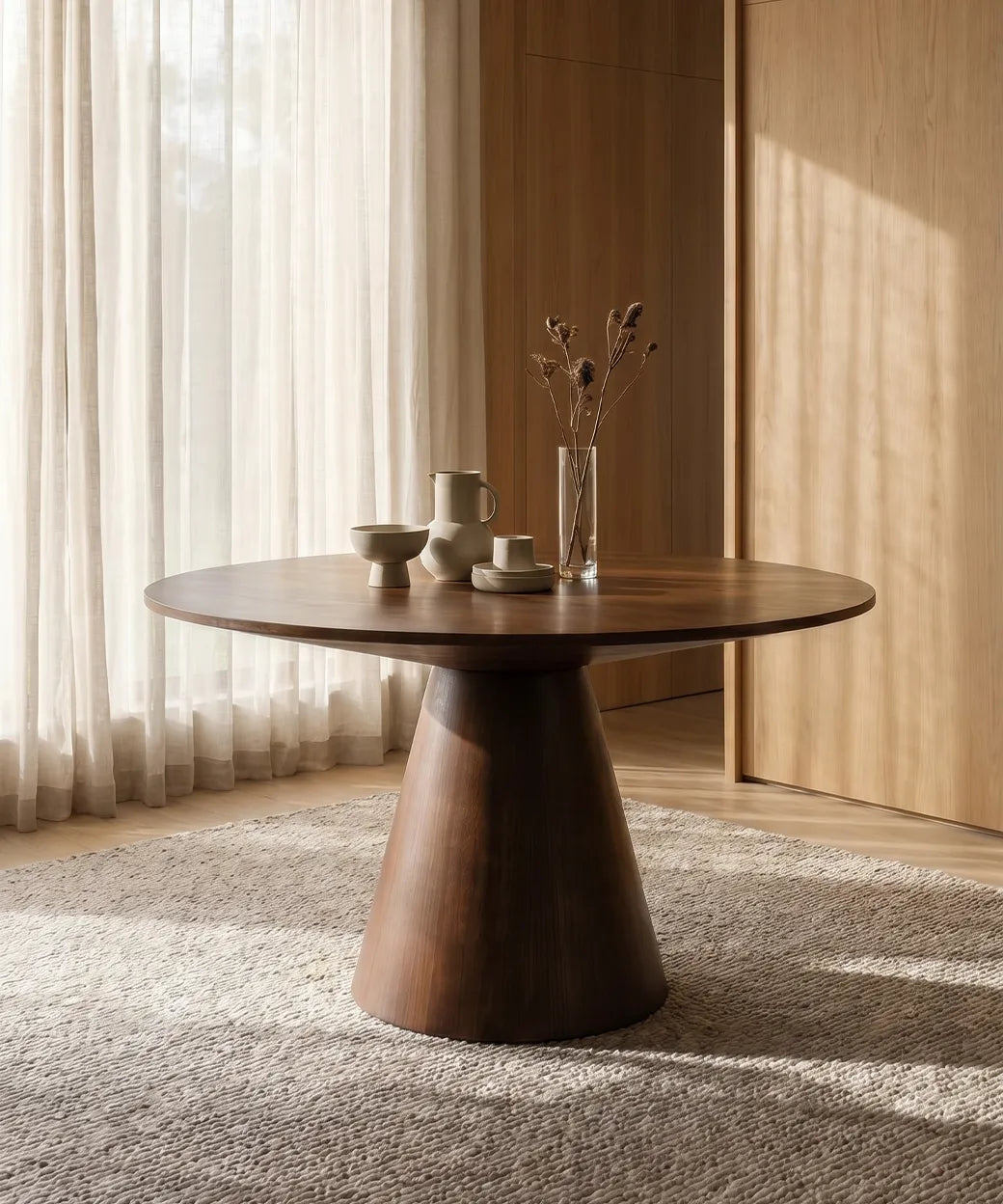 Mesa Targa en nogal oscuro con base cónica robusta y diseño contemporáneo pensada para salones modernos en Canarias.