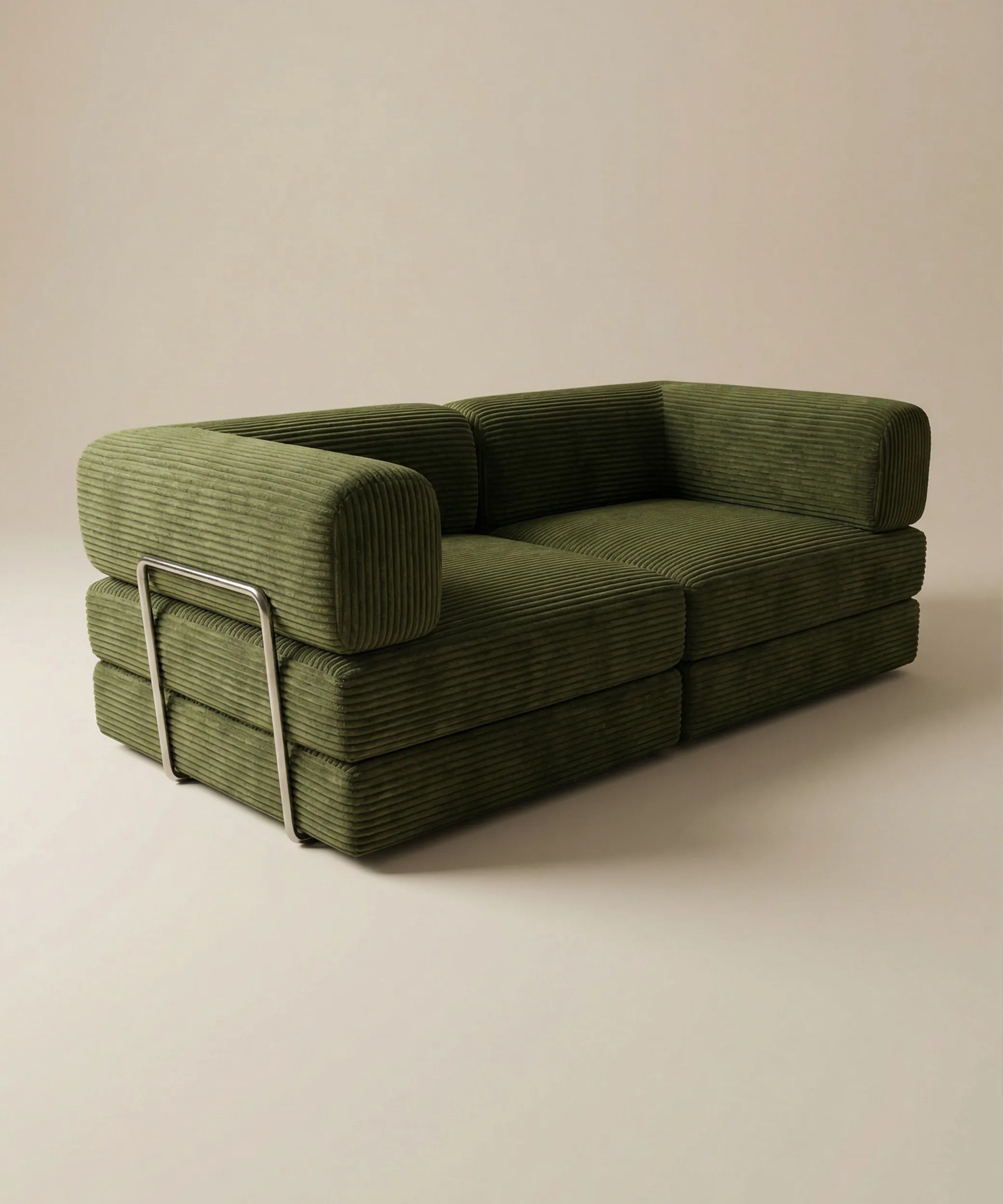 Sofá modular Alisios color verde con diseño contemporáneo de líneas suaves y estructura metálica visible