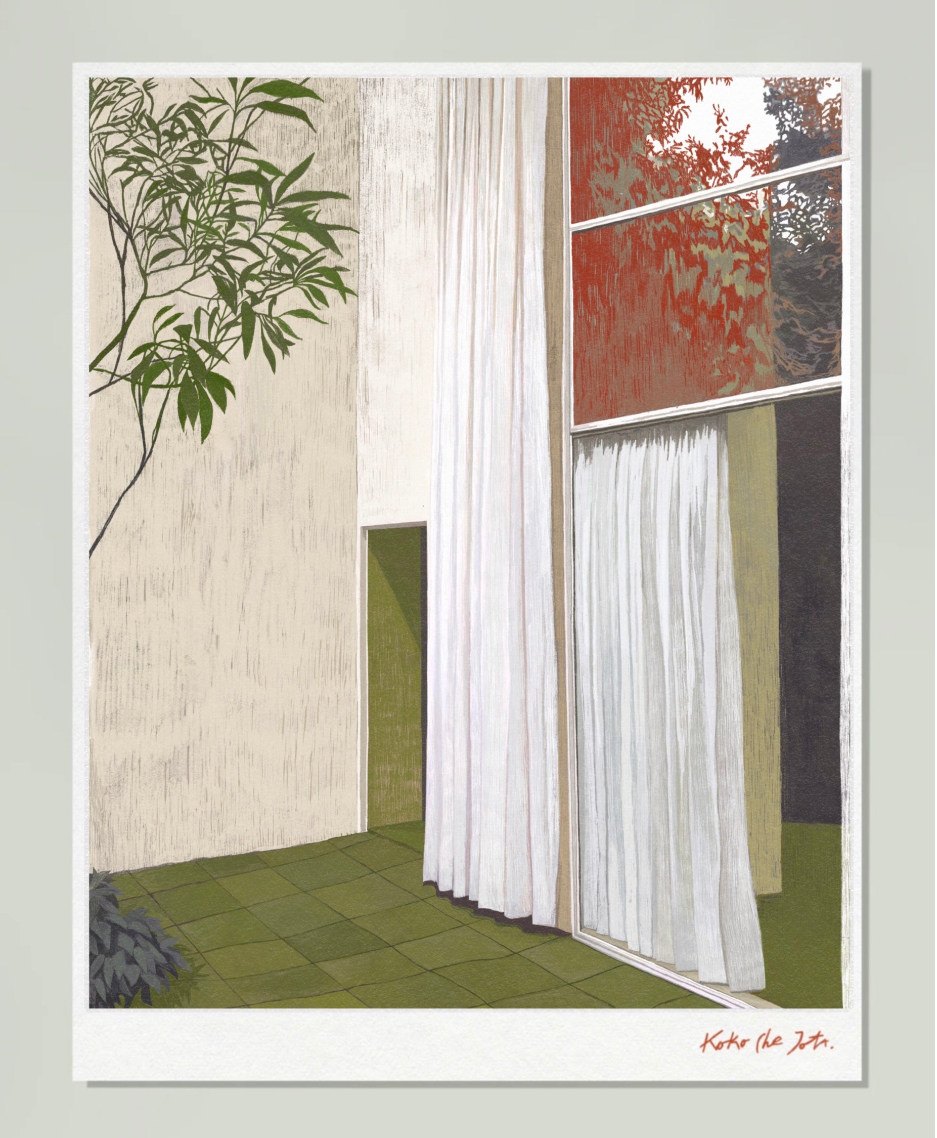 “THE RED YARD" // FINE ART PRINT con vista de jardín interior, cortinas blancas y plantas junto a muro beige.