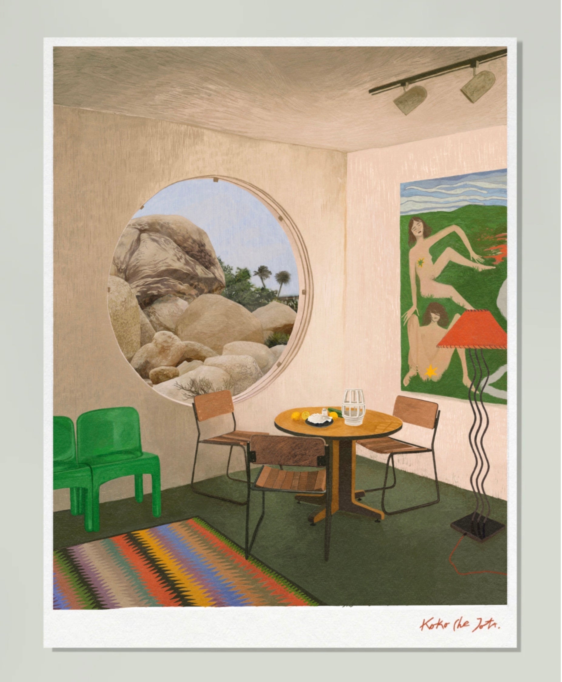 “DREAM HOUSE" // FINE ART PRINT de interior con mesa redonda, sillas y obra de arte junto a ventana circular y alfombra colorida