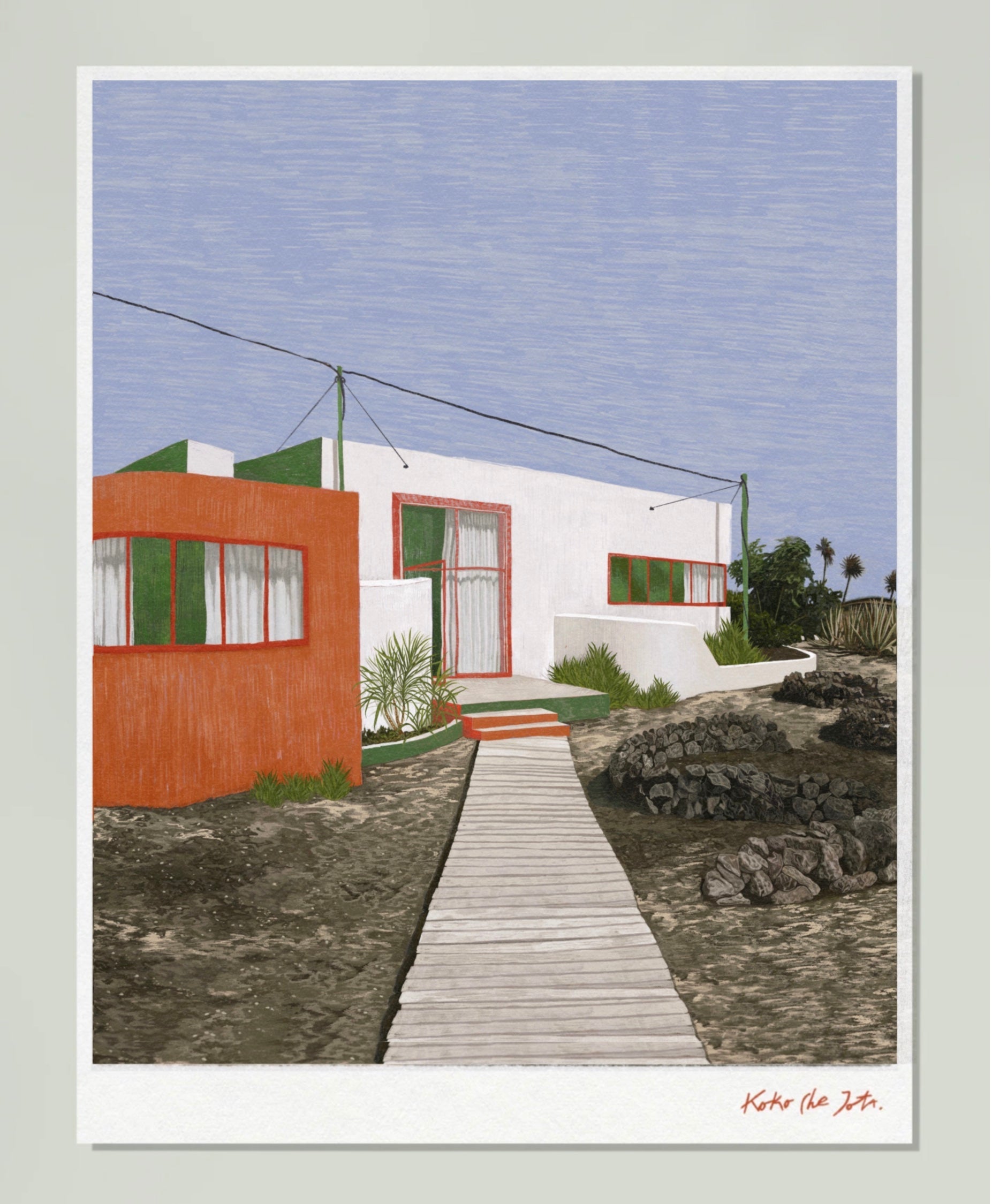 GALAPAGOS" // FINE ART PRINT con casa blanca y naranja, camino de madera y vegetación en entorno árido canario